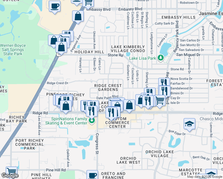 map of restaurants, bars, coffee shops, grocery stores, and more near in Port Richey