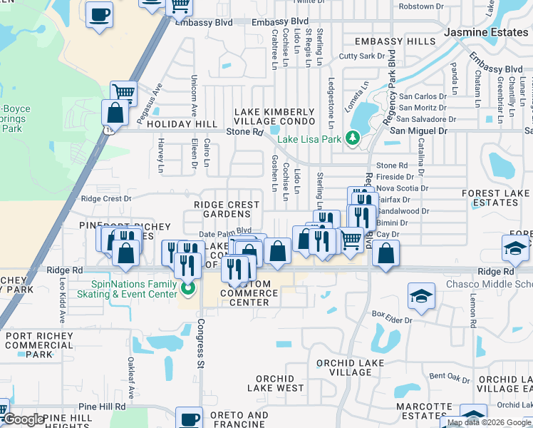 map of restaurants, bars, coffee shops, grocery stores, and more near 8724 Spanish Moss Drive in Port Richey