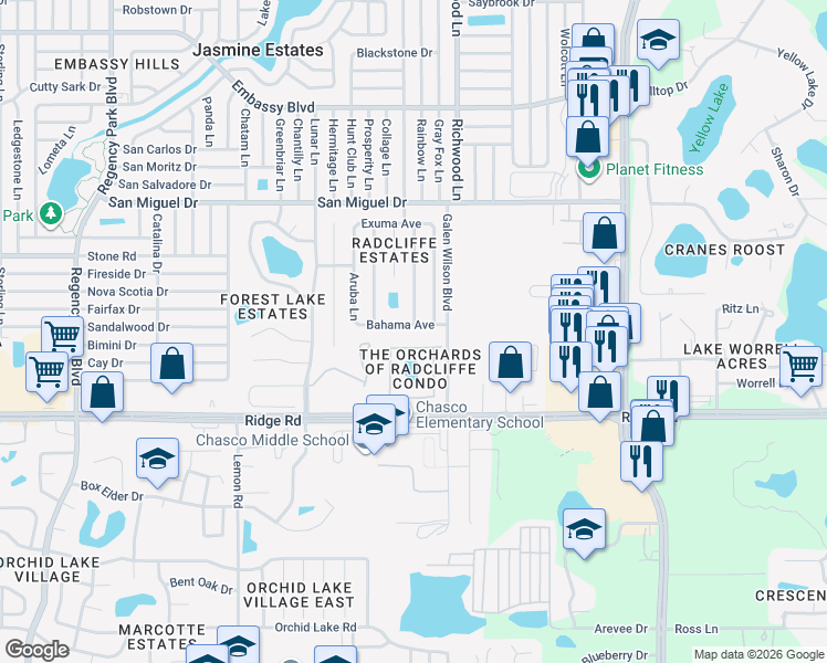 map of restaurants, bars, coffee shops, grocery stores, and more near 7851 Bahama Avenue in Port Richey