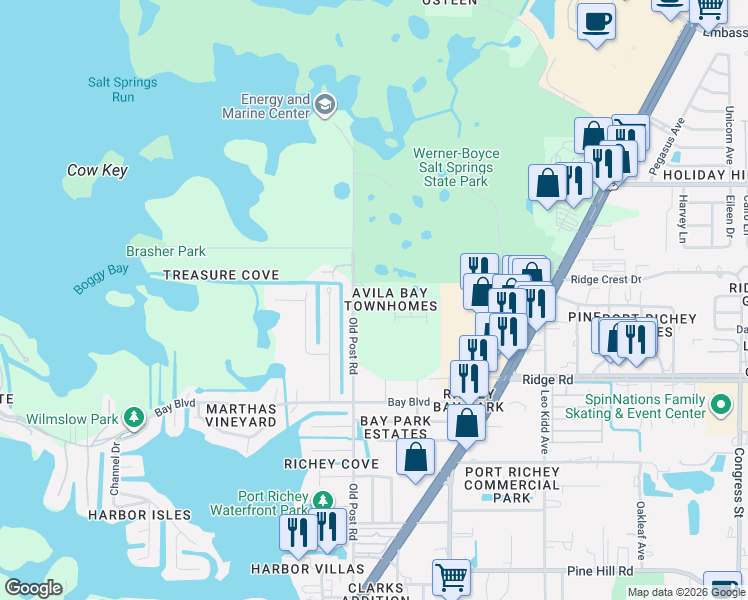 map of restaurants, bars, coffee shops, grocery stores, and more near 5509 Mercado Drive in Port Richey