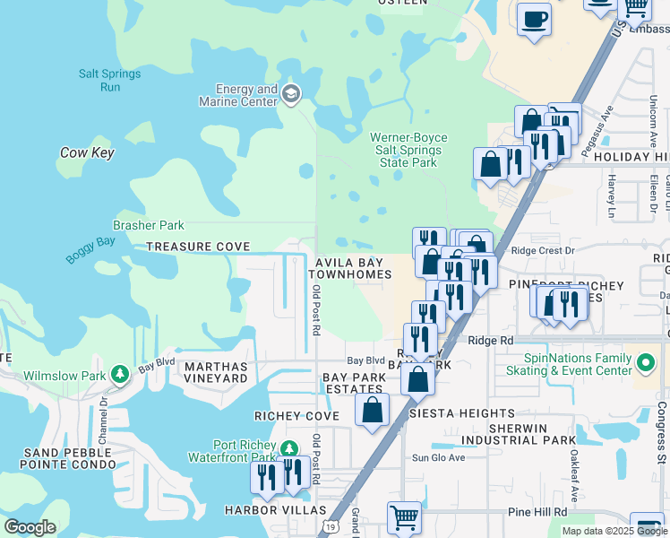 map of restaurants, bars, coffee shops, grocery stores, and more near 5572 Mercado Drive in Port Richey
