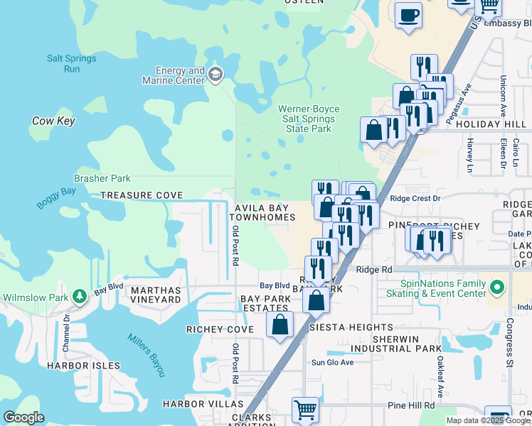 map of restaurants, bars, coffee shops, grocery stores, and more near 5607 Mercado Drive in Port Richey