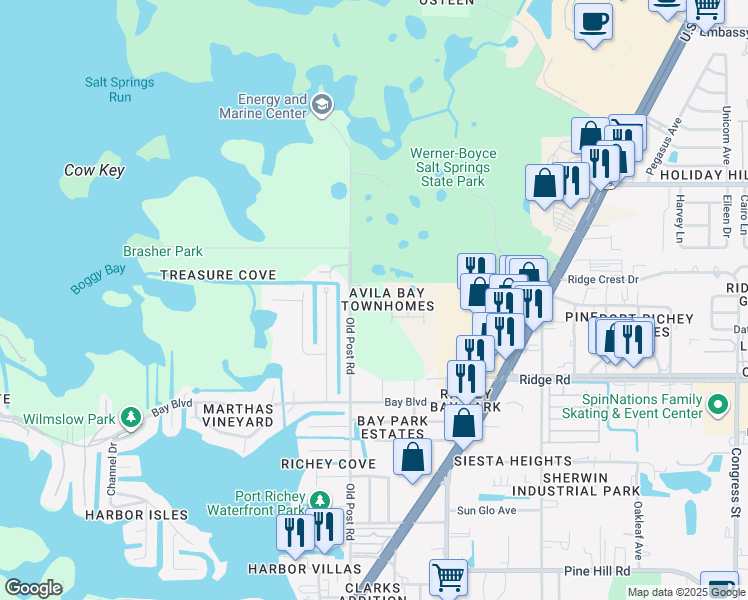 map of restaurants, bars, coffee shops, grocery stores, and more near 5509 Mercado Drive in Port Richey
