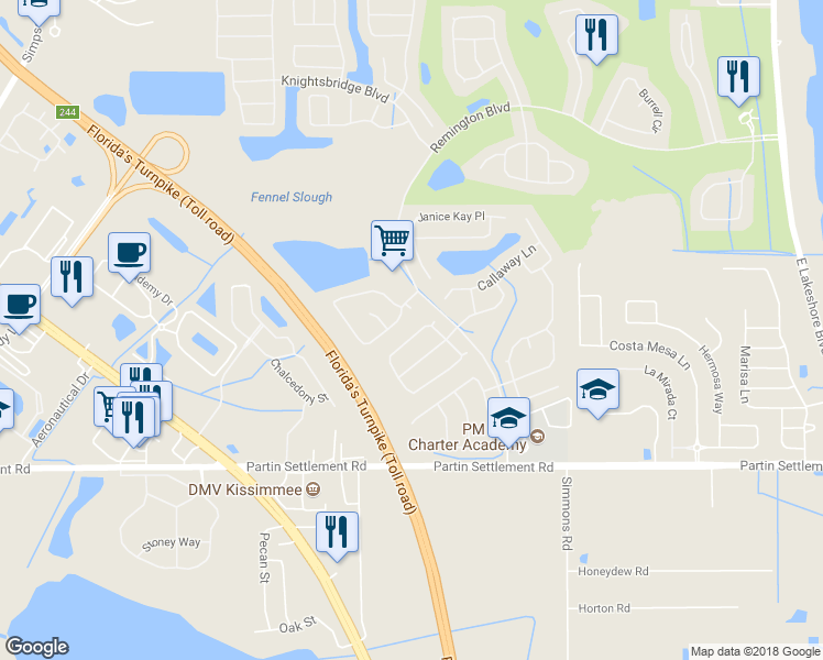 map of restaurants, bars, coffee shops, grocery stores, and more near 921 Tramells Trail in Kissimmee
