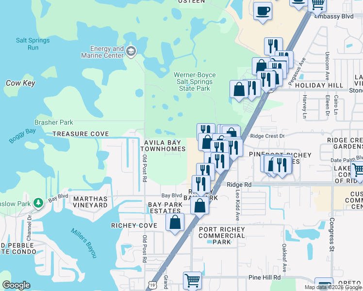 map of restaurants, bars, coffee shops, grocery stores, and more near 8660 Candida Lane in Port Richey