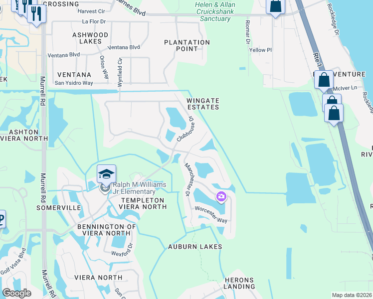 map of restaurants, bars, coffee shops, grocery stores, and more near 4860 Manchester Drive in Rockledge