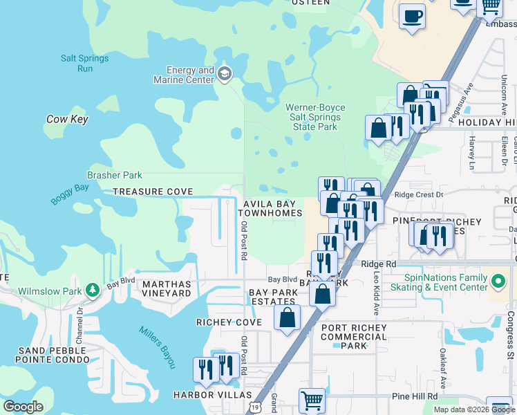 map of restaurants, bars, coffee shops, grocery stores, and more near 5521 Mercado Drive in Port Richey