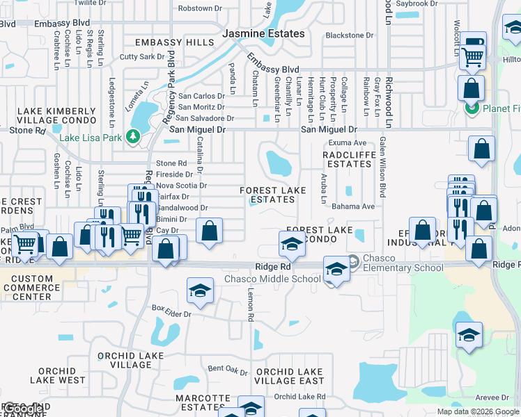 map of restaurants, bars, coffee shops, grocery stores, and more near 7525 Laurel Oak Court in Port Richey