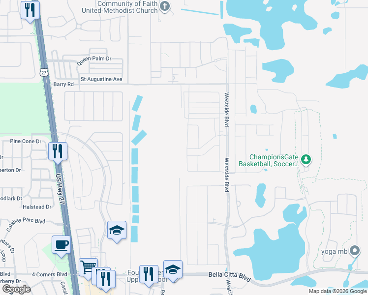 map of restaurants, bars, coffee shops, grocery stores, and more near Barry Road in Kissimmee