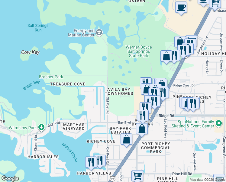 map of restaurants, bars, coffee shops, grocery stores, and more near 5521 Mercado Drive in Port Richey