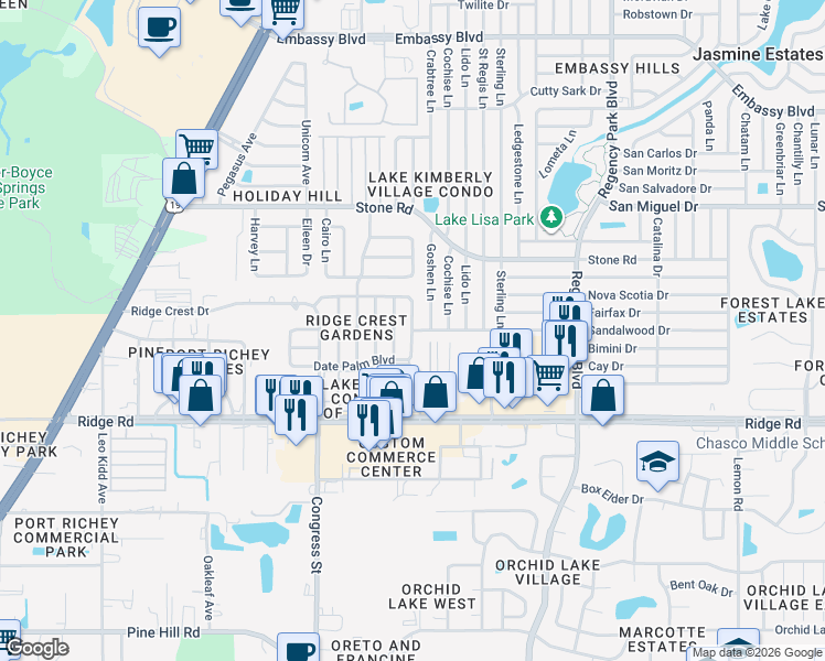 map of restaurants, bars, coffee shops, grocery stores, and more near 8724 Spanish Moss Drive in Port Richey