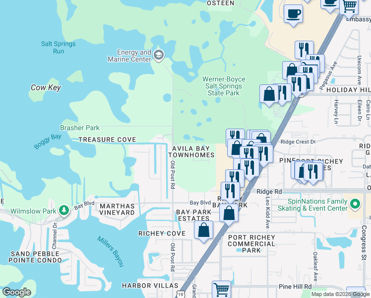 map of restaurants, bars, coffee shops, grocery stores, and more near 5607 Mercado Drive in Port Richey
