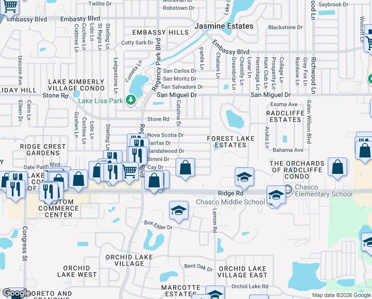 map of restaurants, bars, coffee shops, grocery stores, and more near 7325 Sandalwood Drive in Port Richey