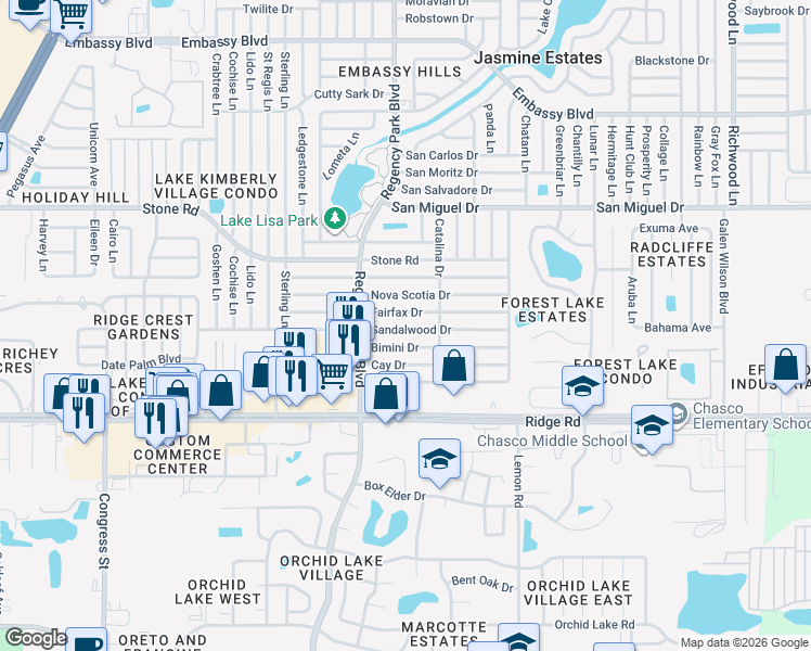 map of restaurants, bars, coffee shops, grocery stores, and more near 7215 Sandalwood Drive in Port Richey