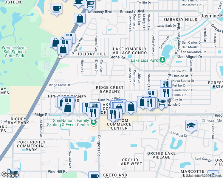 map of restaurants, bars, coffee shops, grocery stores, and more near in Port Richey