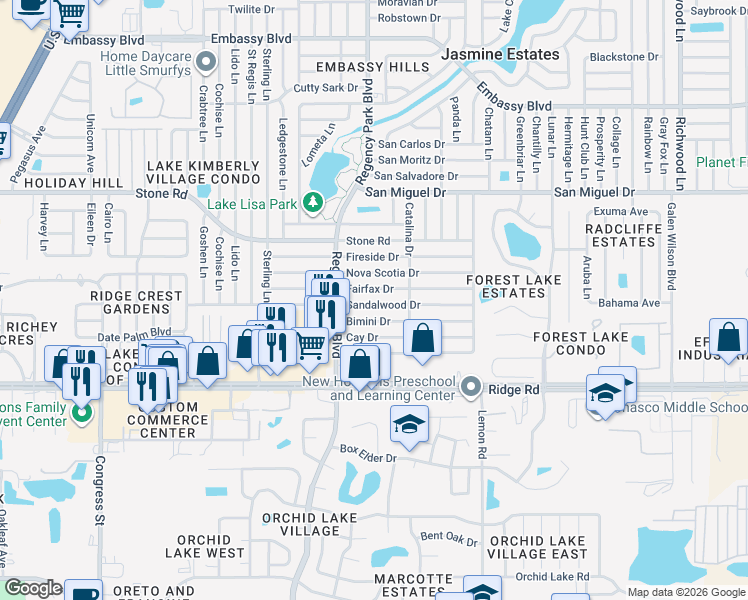 map of restaurants, bars, coffee shops, grocery stores, and more near 7226 Fairfax Drive in Port Richey