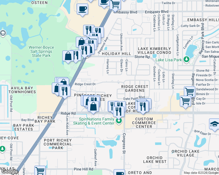 map of restaurants, bars, coffee shops, grocery stores, and more near 6319 Springer Drive in Port Richey