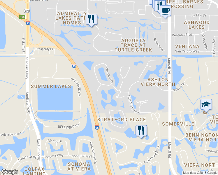 map of restaurants, bars, coffee shops, grocery stores, and more near 4121 Aberdeen Circle in Rockledge
