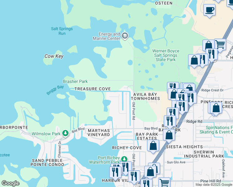 map of restaurants, bars, coffee shops, grocery stores, and more near 8717 Betty Street in Port Richey
