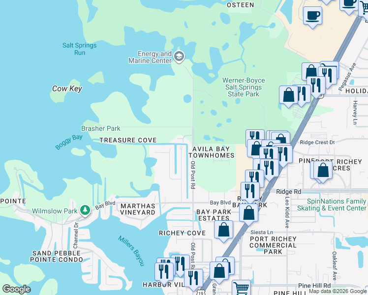 map of restaurants, bars, coffee shops, grocery stores, and more near 8721 Green Street in Port Richey