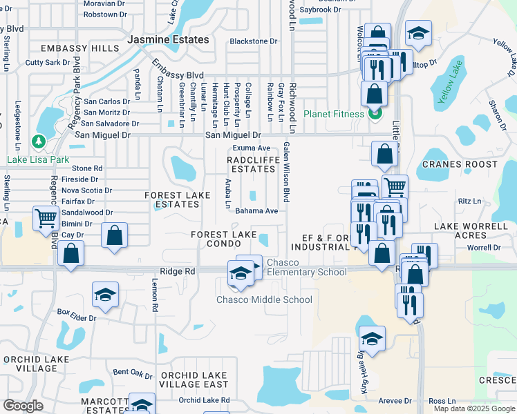 map of restaurants, bars, coffee shops, grocery stores, and more near 7851 Bahama Avenue in Port Richey