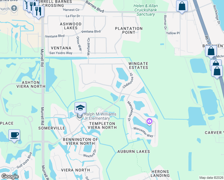 map of restaurants, bars, coffee shops, grocery stores, and more near 1537 Auburn Lakes Drive in Rockledge