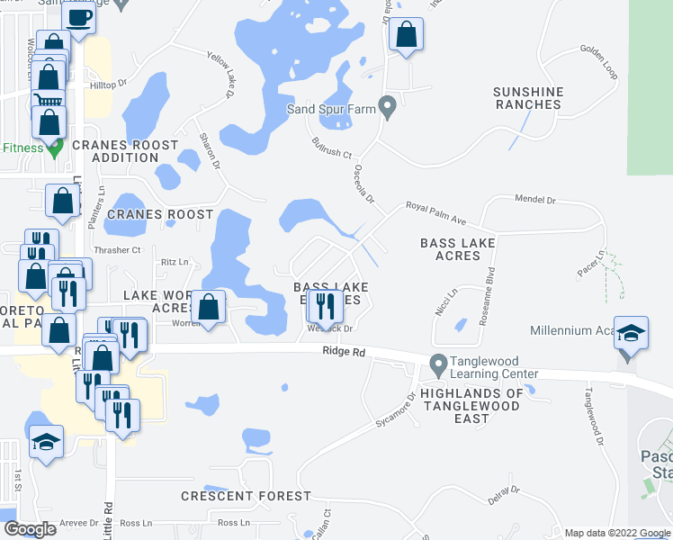 map of restaurants, bars, coffee shops, grocery stores, and more near 9136 Royal Palm Avenue in Port Richey