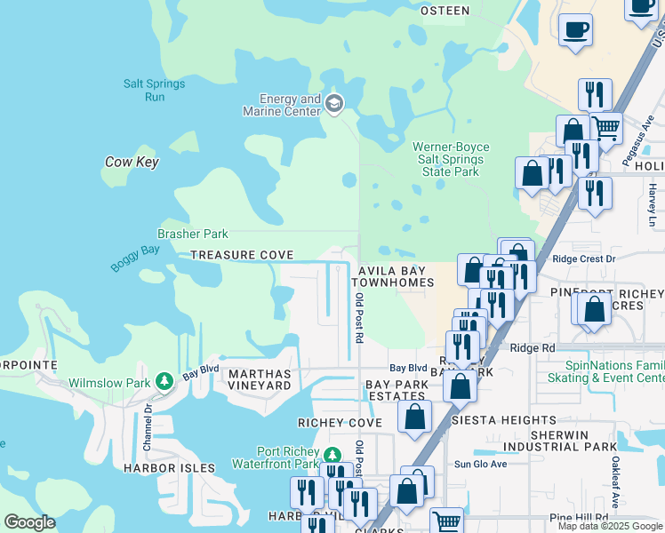map of restaurants, bars, coffee shops, grocery stores, and more near 8721 Green Street in Port Richey