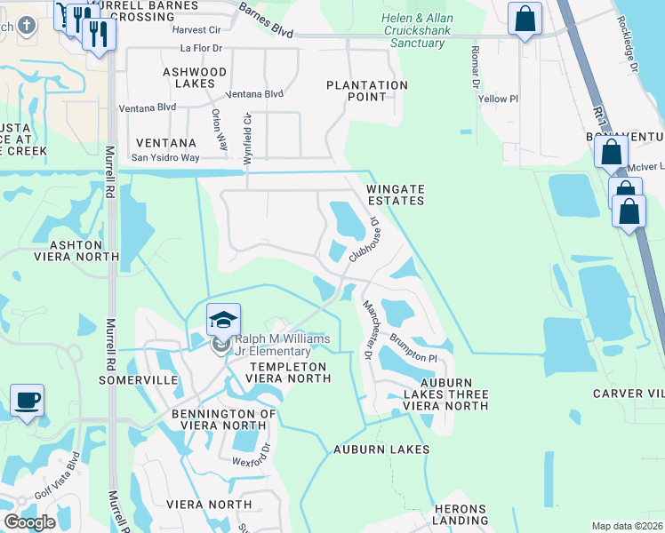 map of restaurants, bars, coffee shops, grocery stores, and more near 1537 Auburn Lakes Drive in Rockledge