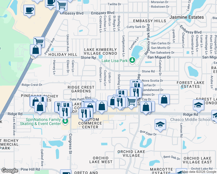 map of restaurants, bars, coffee shops, grocery stores, and more near 8719 Lido Lane in Port Richey