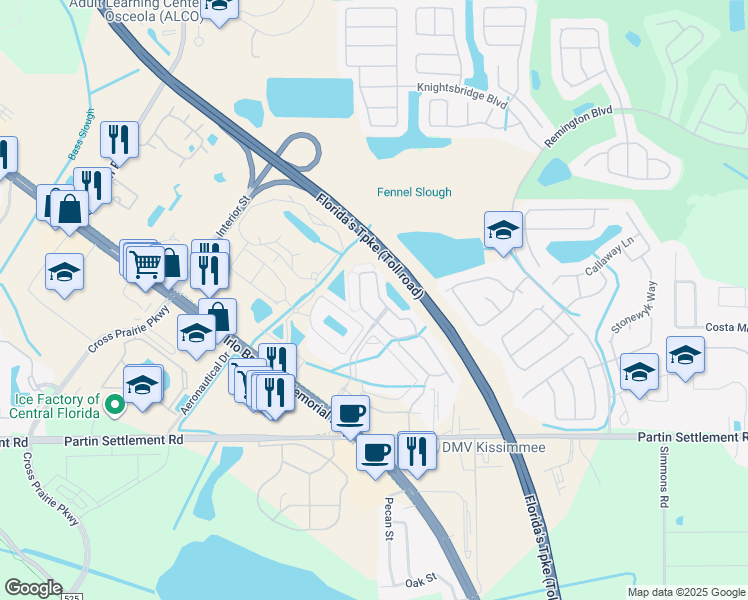 map of restaurants, bars, coffee shops, grocery stores, and more near 2515 Hassonite Street in Kissimmee