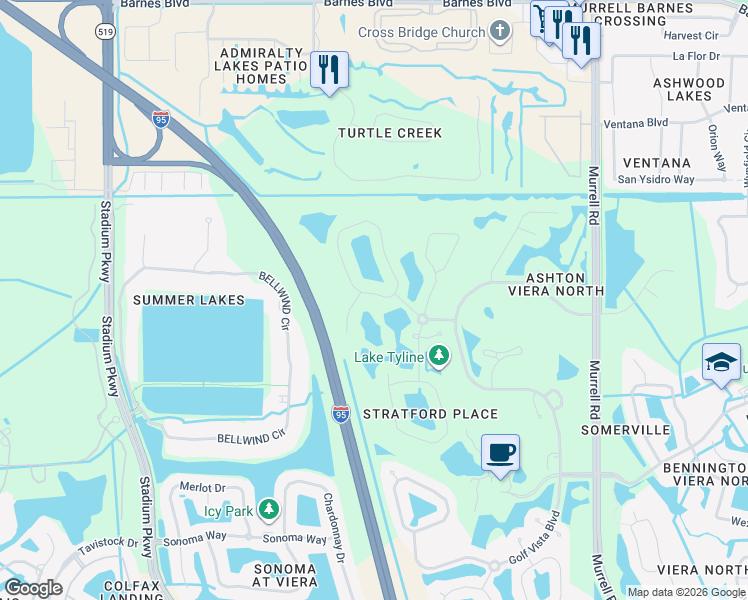 map of restaurants, bars, coffee shops, grocery stores, and more near 4161 Aberdeen Circle in Rockledge