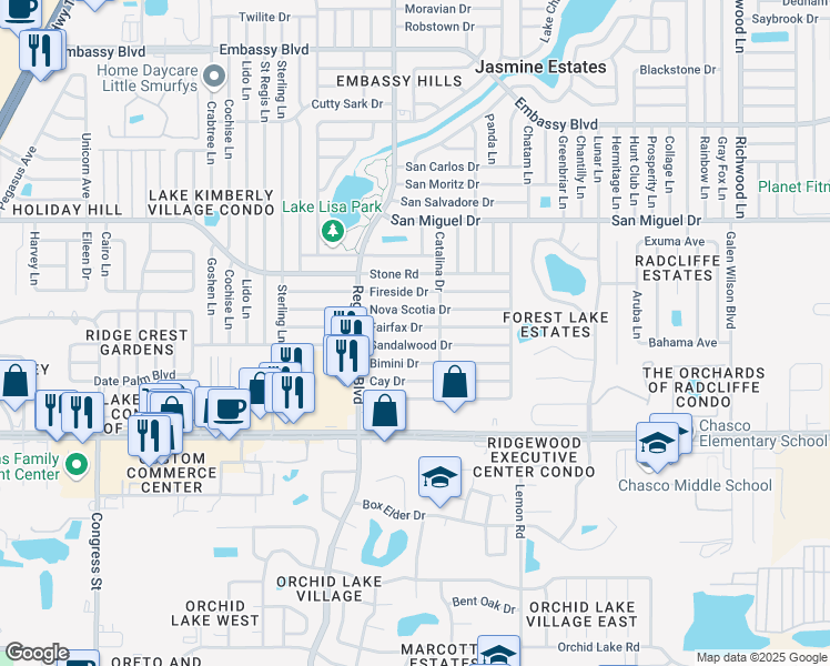 map of restaurants, bars, coffee shops, grocery stores, and more near 7226 Fairfax Drive in Port Richey