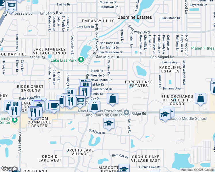map of restaurants, bars, coffee shops, grocery stores, and more near 7316 Fairfax Drive in Port Richey