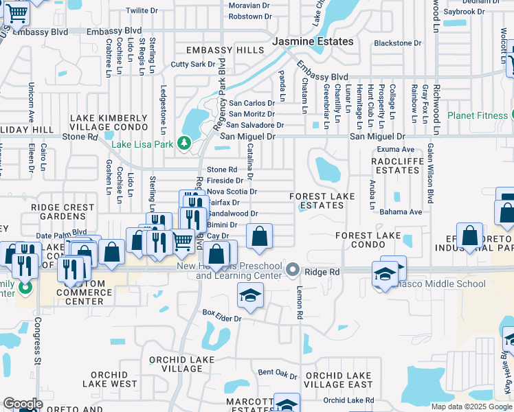 map of restaurants, bars, coffee shops, grocery stores, and more near 7316 Fairfax Drive in Port Richey