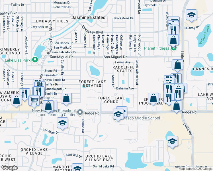 map of restaurants, bars, coffee shops, grocery stores, and more near 8725 Elm Leaf Court in Port Richey