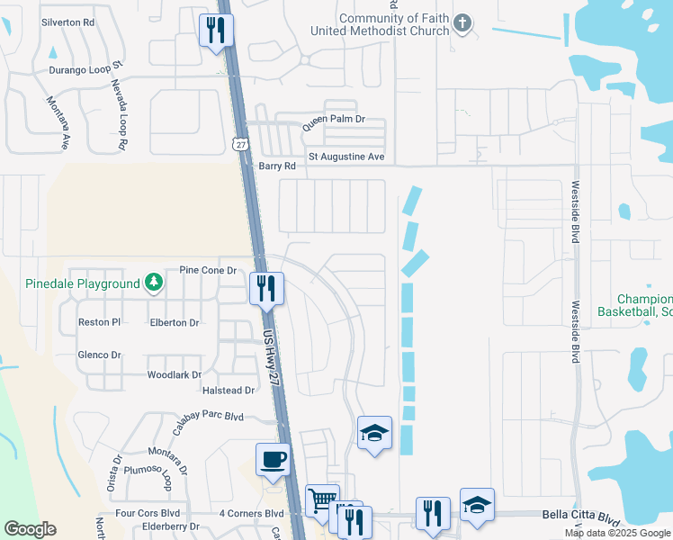 map of restaurants, bars, coffee shops, grocery stores, and more near 2736 Tranquila Lane in Davenport