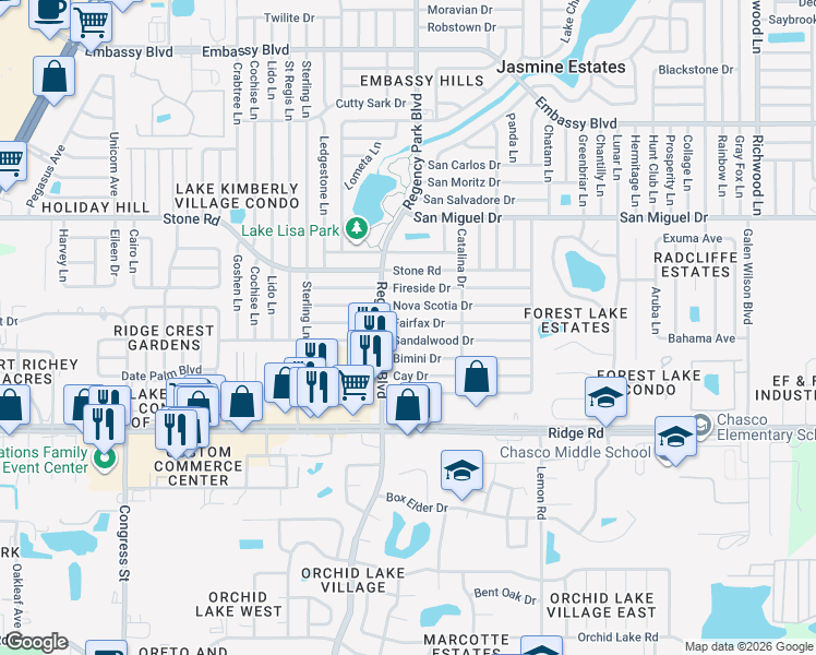 map of restaurants, bars, coffee shops, grocery stores, and more near 7130 Fairfax Drive in Port Richey