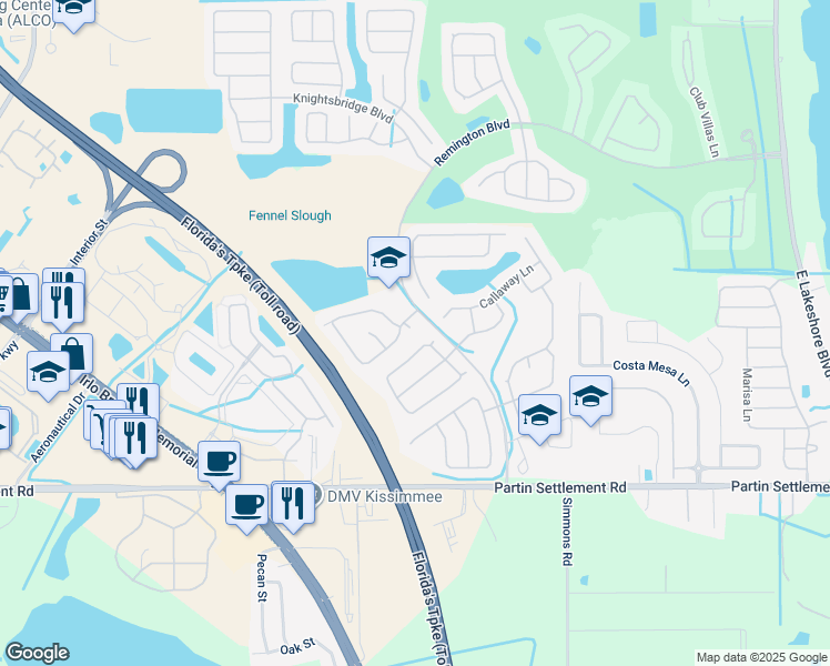 map of restaurants, bars, coffee shops, grocery stores, and more near 2604 Brandywine Court in Kissimmee