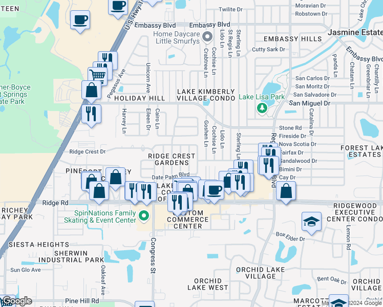 map of restaurants, bars, coffee shops, grocery stores, and more near 8724 Spanish Moss Drive in Port Richey