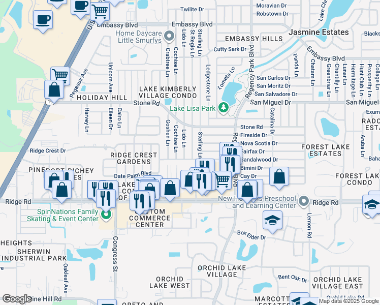 map of restaurants, bars, coffee shops, grocery stores, and more near 8727 Saint Regis Lane in Port Richey