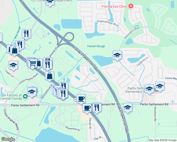 map of restaurants, bars, coffee shops, grocery stores, and more near 2510 Hassonite Street in Kissimmee