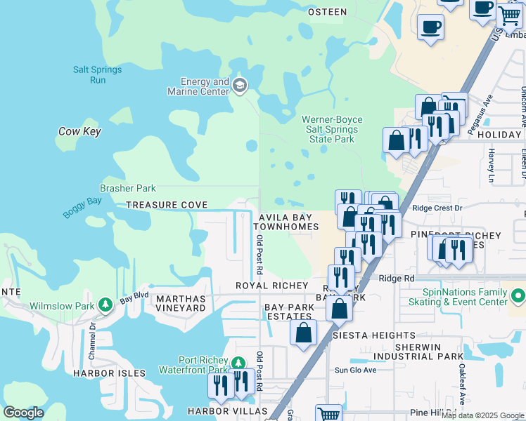 map of restaurants, bars, coffee shops, grocery stores, and more near 5521 Mercado Drive in Port Richey