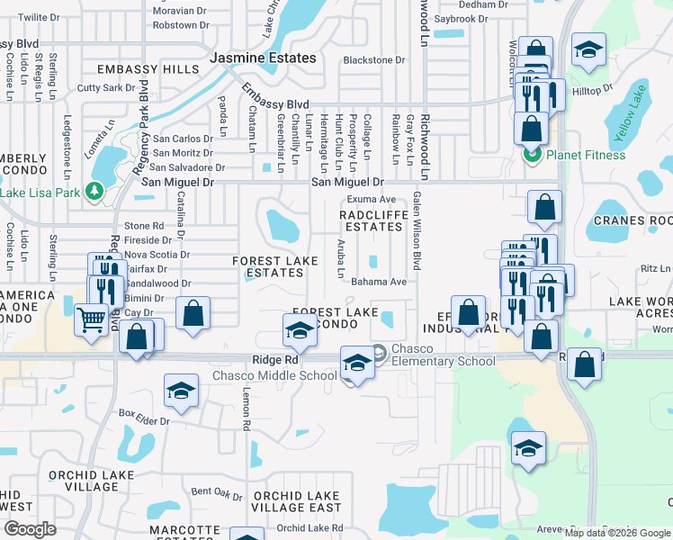 map of restaurants, bars, coffee shops, grocery stores, and more near 8725 Aruba Lane in Port Richey