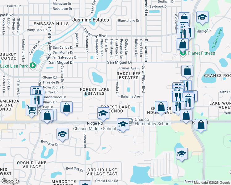 map of restaurants, bars, coffee shops, grocery stores, and more near 8722 Aruba Lane in Port Richey