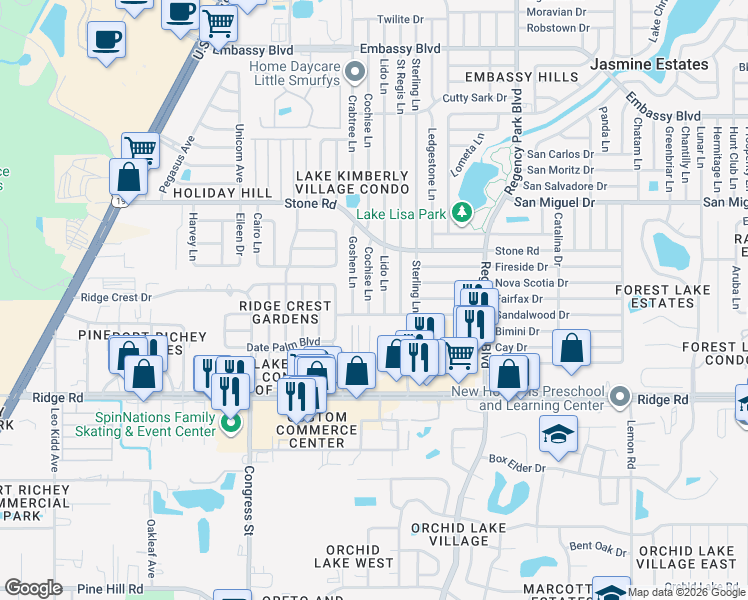 map of restaurants, bars, coffee shops, grocery stores, and more near 8726 Cochise Lane in Port Richey