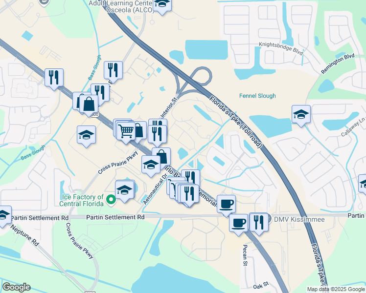 map of restaurants, bars, coffee shops, grocery stores, and more near 2324 Academy Circle West in Kissimmee