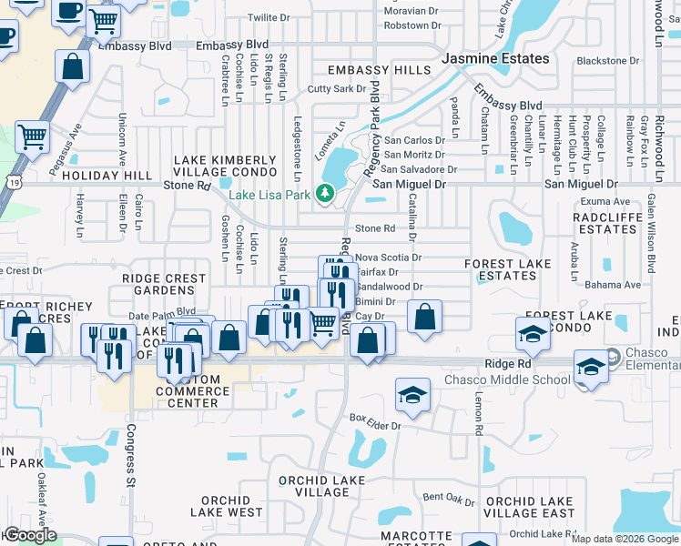 map of restaurants, bars, coffee shops, grocery stores, and more near 7106 West Fairfax in Port Richey