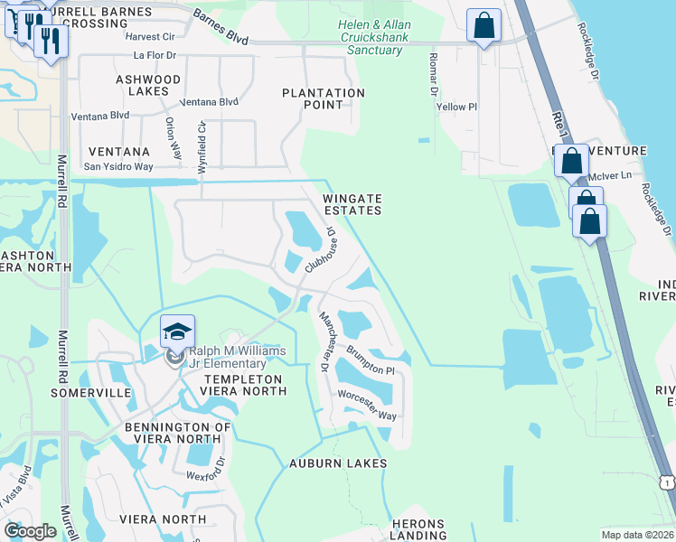 map of restaurants, bars, coffee shops, grocery stores, and more near 4860 Manchester Drive in Rockledge