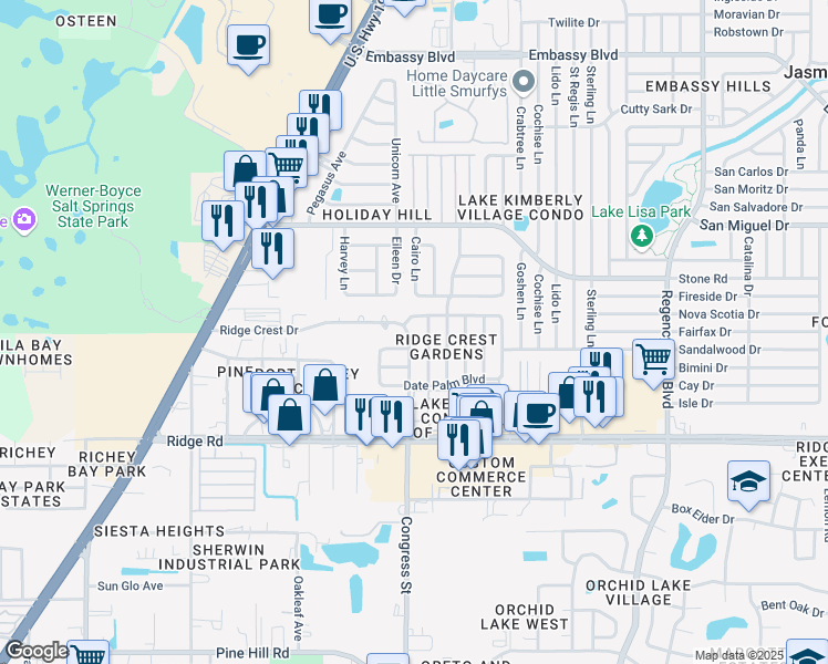 map of restaurants, bars, coffee shops, grocery stores, and more near 8726 Congress Street in Port Richey
